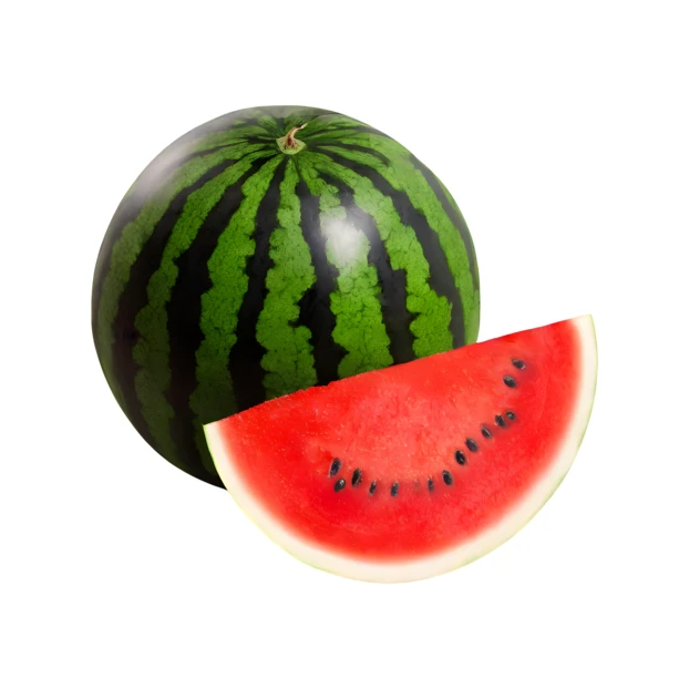 Whole watermelon and a slice isolated on white background