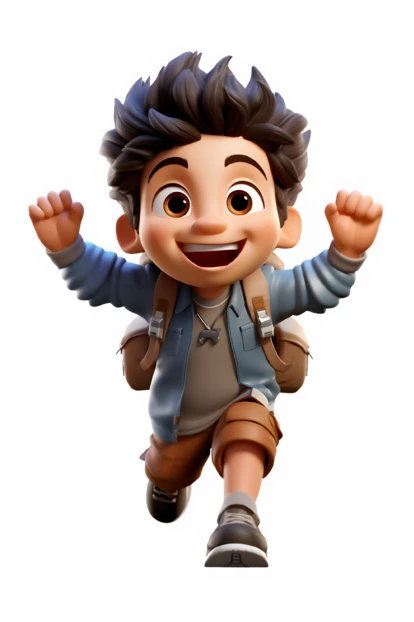 3D animated boy running excitedly with a backpack