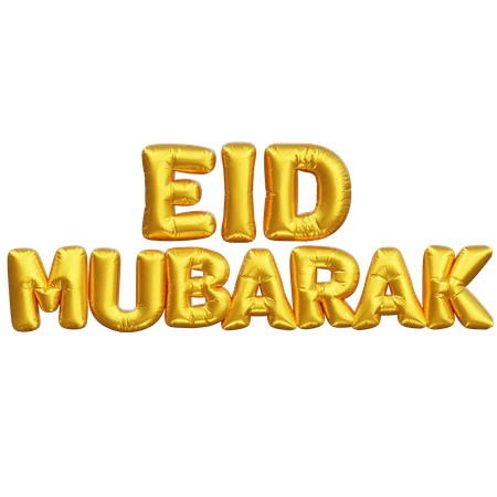 Gold foil balloon text reading Eid Mubarak isolated on white