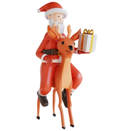 3D Santa Claus riding a reindeer holding a gift box