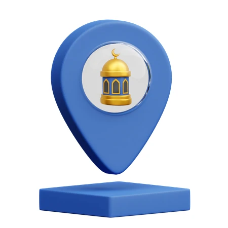 3D blue location pin with Islamic lantern icon