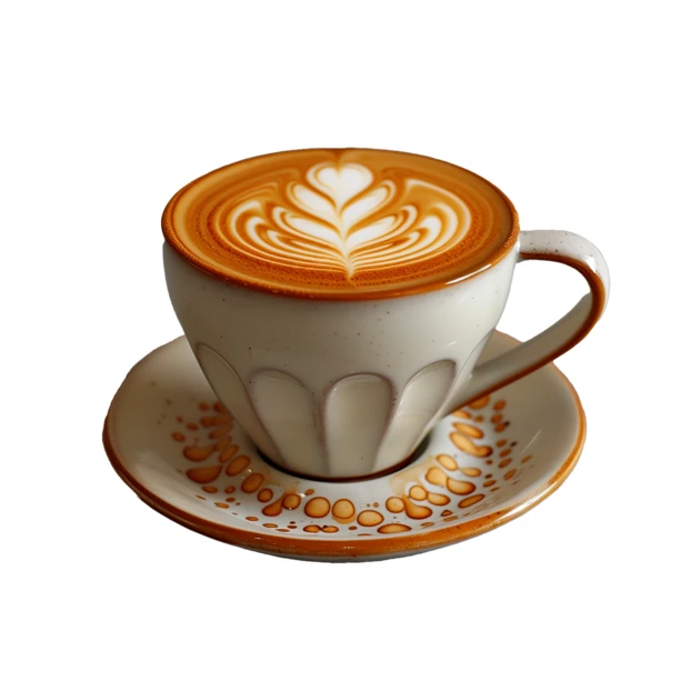 Cup of coffee latte with tulip art on white background