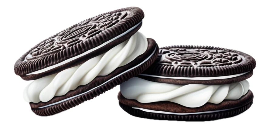 Chocolate sandwich cookies with thick white cream filling isolated
