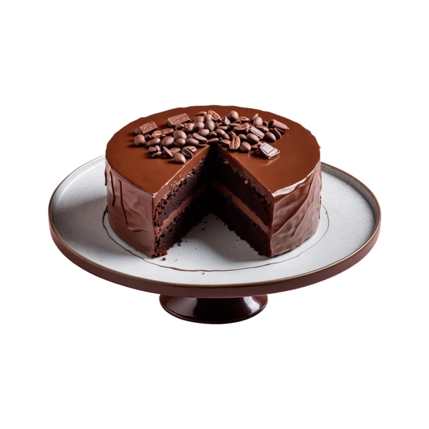 Chocolate mocha cake with coffee beans on a cake stand