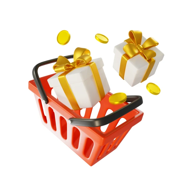 3D red shopping basket with gift boxes and gold coins