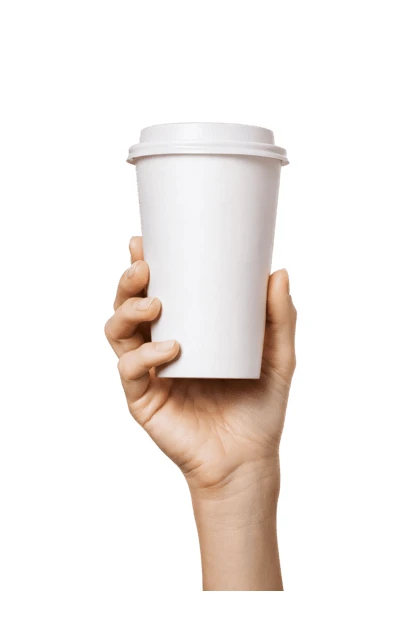 Hand holding a white disposable coffee cup isolated on white