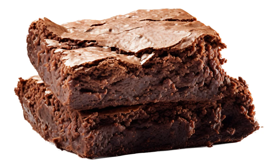 Two fudgy chocolate brownies stacked on white background