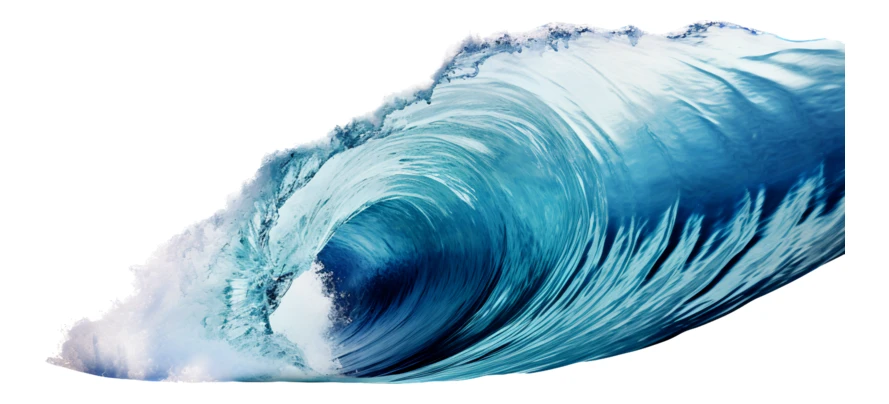Powerful curling blue ocean wave isolated on white