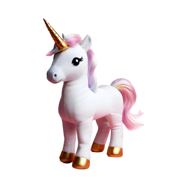 Plush unicorn toy with golden horn isolated on white