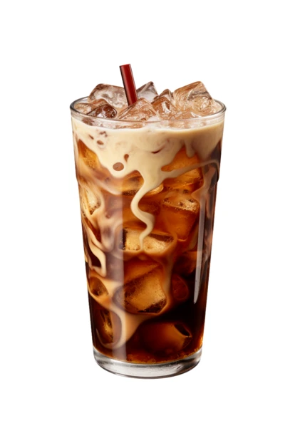 Iced coffee with milk swirl in glass with red straw