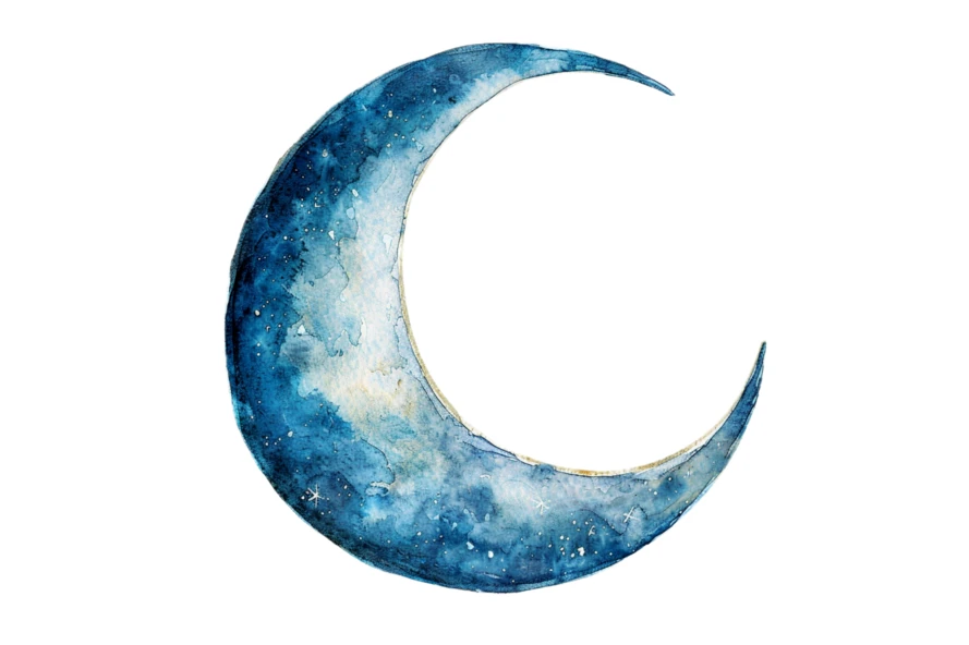 Watercolor crescent moon with starry night sky texture