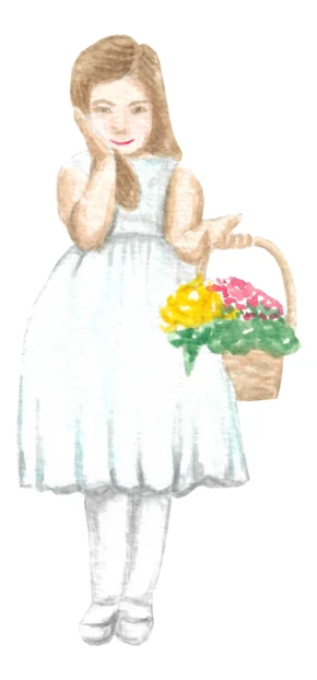 Watercolor illustration of flower girl holding a flower basket