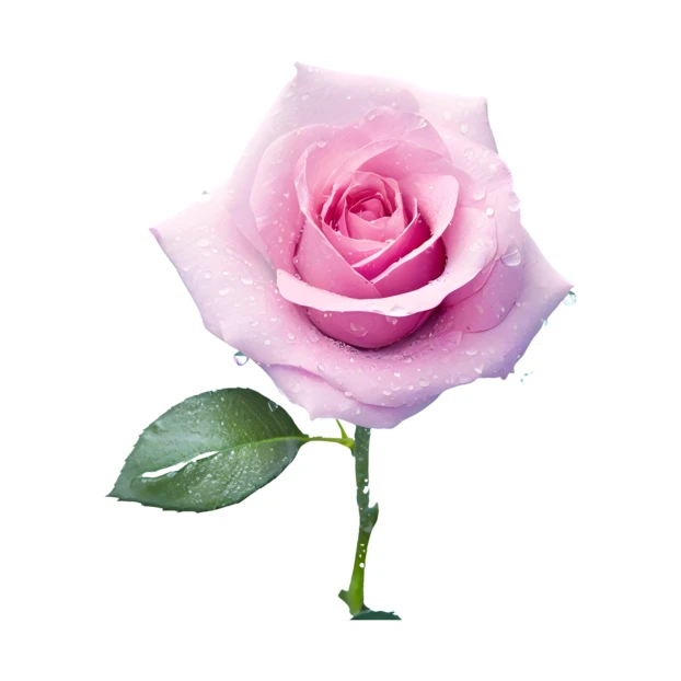 Single pink rose with water droplets on white background