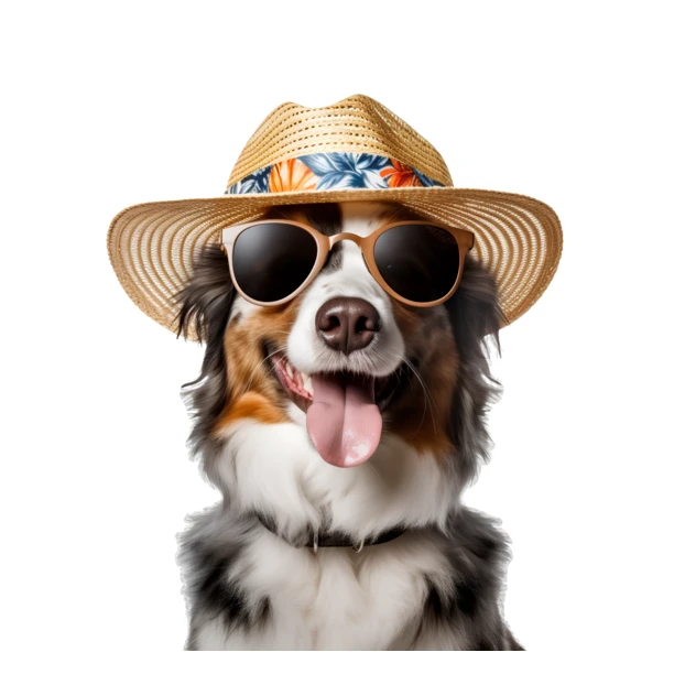 Australian Shepherd wearing straw hat and sunglasses on white background