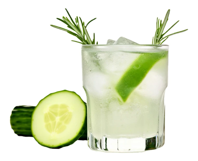 Refreshing cucumber cocktail with rosemary and ice on white background