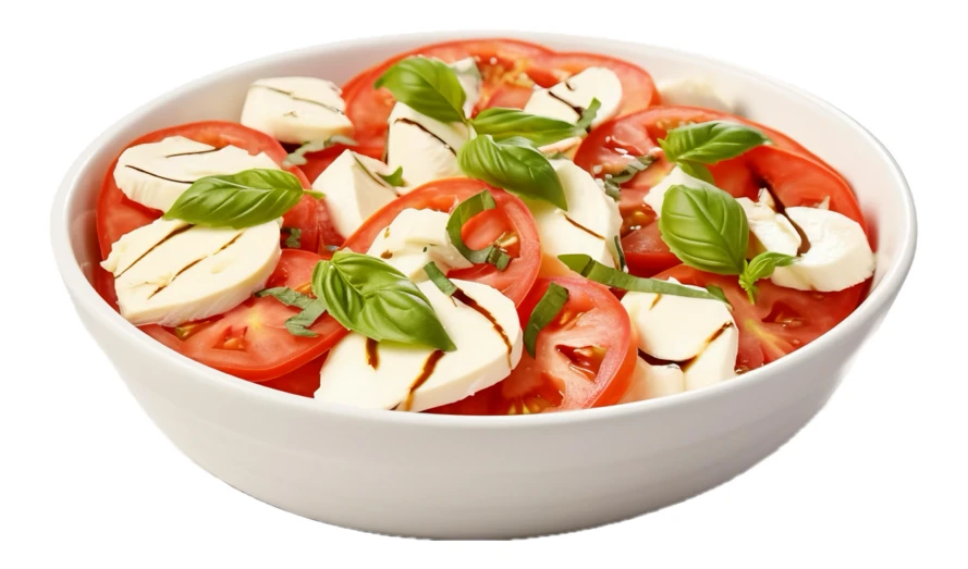 Fresh Caprese salad with tomatoes and mozzarella in white bowl