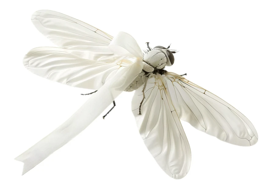 Conceptual white insect with fabric wings on white background