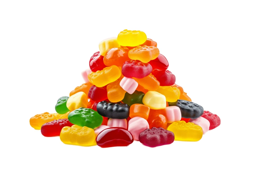 Assorted colorful gummy candies isolated on white background