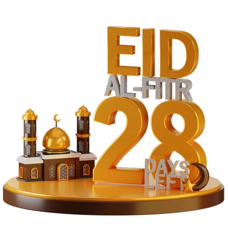 3D Eid Al-Fitr countdown showing 28 days left with mosque