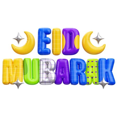 Colorful 3D Eid Mubarak balloon text with crescents and stars