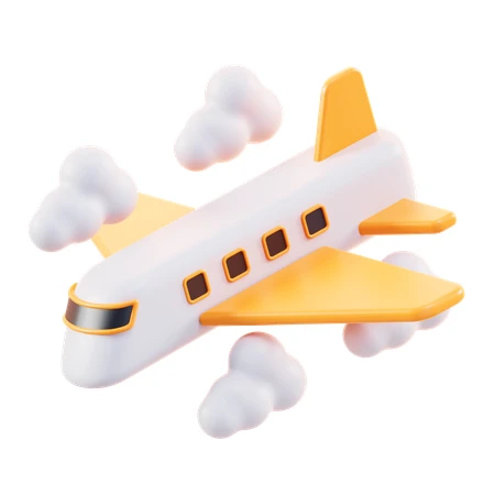 3D rendered stylized airplane flying through white clouds