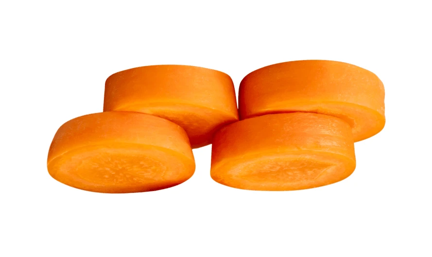 Four fresh carrot slices isolated on white background