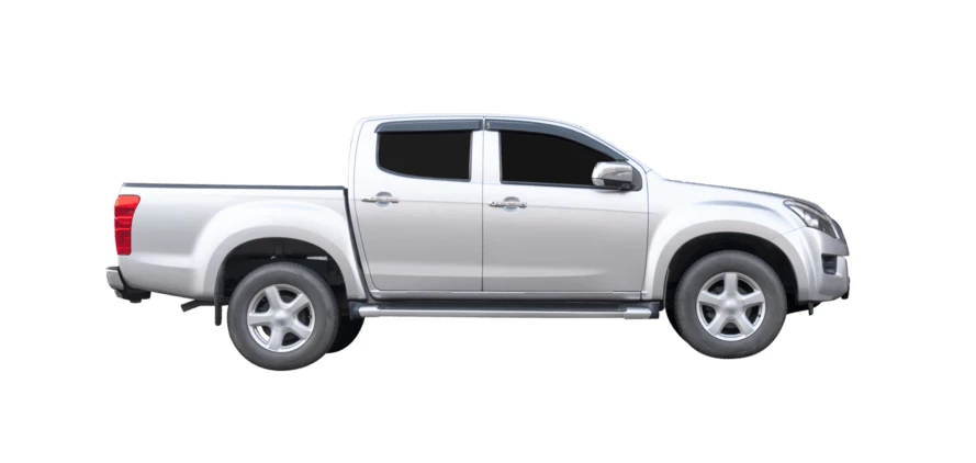 Side view of a silver pickup truck isolated on white