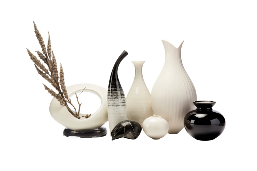 Minimalist collection of modern ceramic vases isolated on white