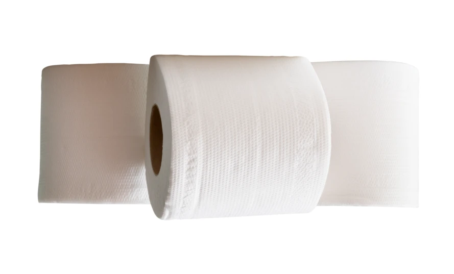Three rolls of white toilet paper on white background