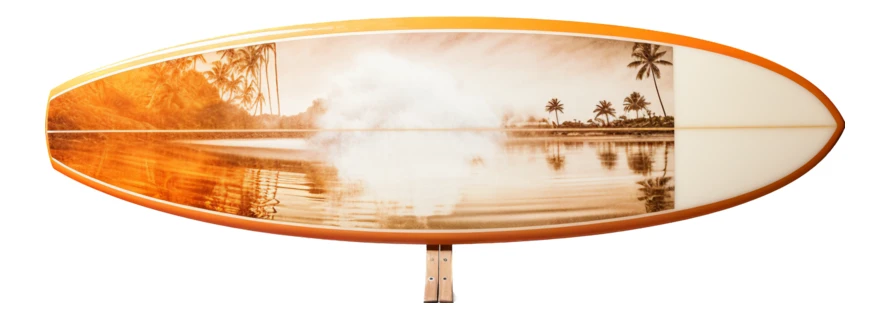 Vintage surfboard with tropical beach and palm tree graphic