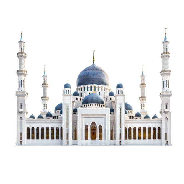 Grand mosque with blue domes and tall minarets