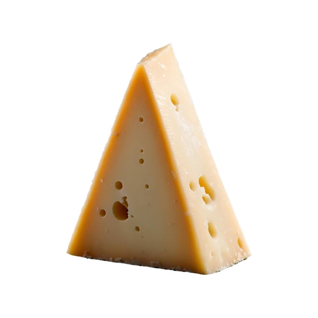 Triangular wedge of Swiss cheese isolated on white background