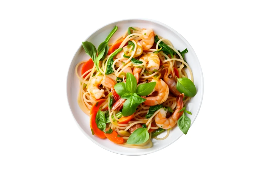 Shrimp pasta with vegetables and fresh basil in a bowl