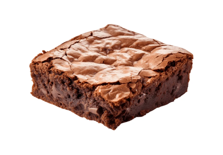 Single fudgy chocolate brownie isolated on white background