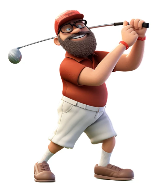 3D cartoon bearded man swinging a golf club