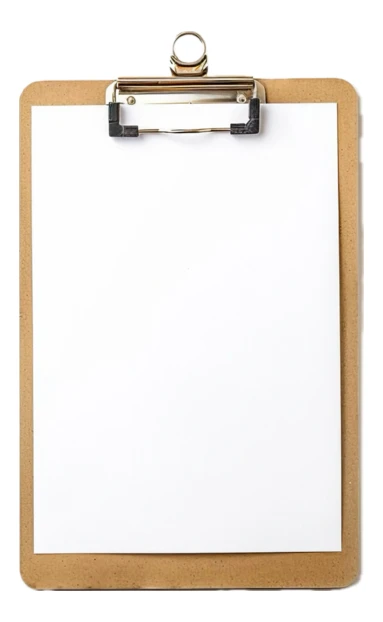 Wooden clipboard with blank white paper on white background