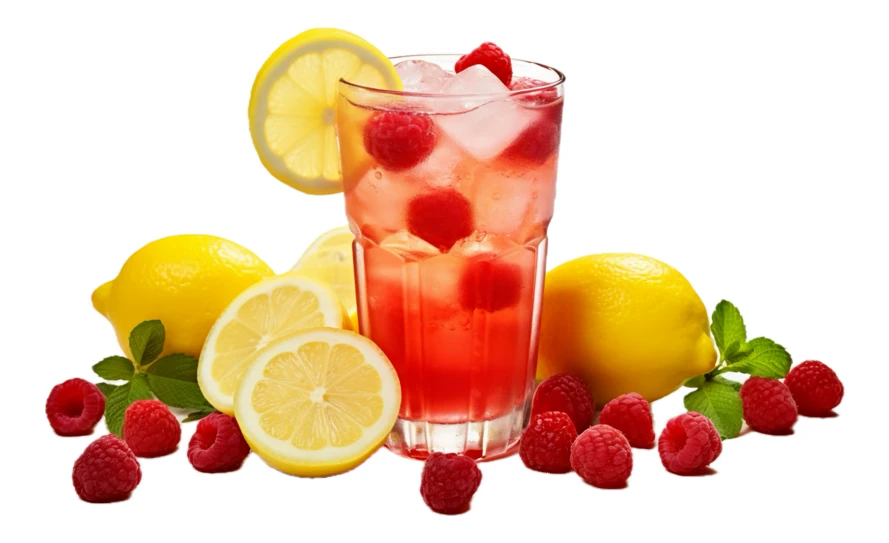 Glass of cold raspberry lemonade with fresh fruit on white