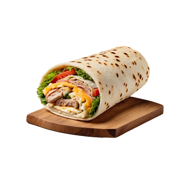 Toasted breakfast wrap with eggs cheese and meat on wood