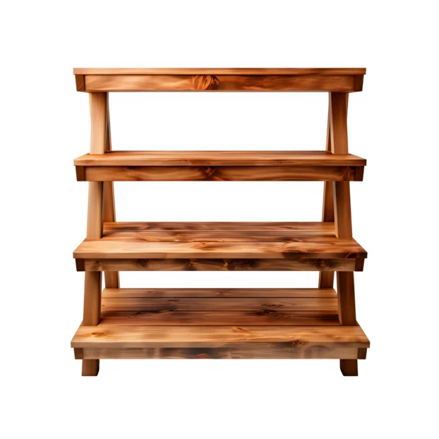 Four-tier rustic wooden display shelf on white background