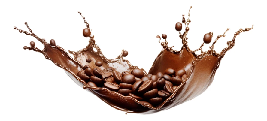 Coffee beans falling into a liquid splash isolated on white