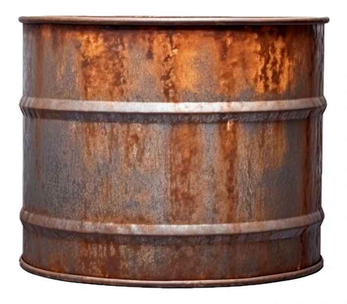 Old rusty metal oil drum isolated on white background