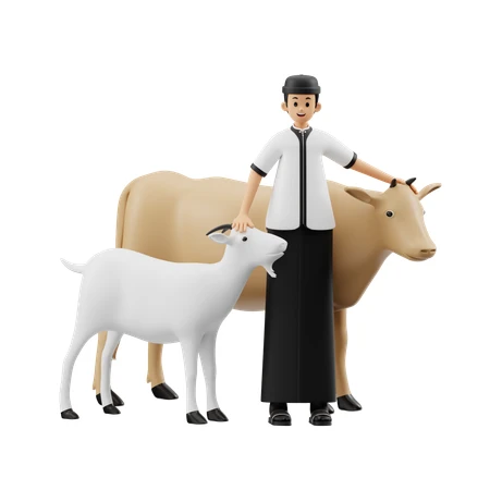 Muslim Man Standing with Goat and Cow