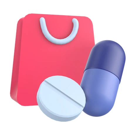 3D illustration of a pharmacy shopping bag with pills