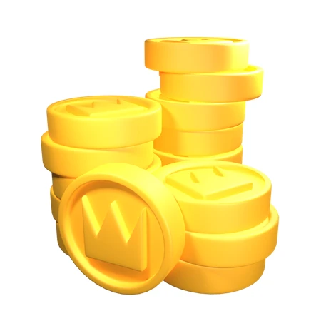 3D render of golden game coins with crown symbols