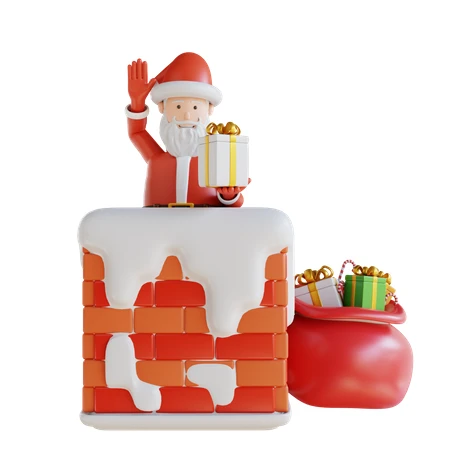 3D Santa Claus waving from snow-covered chimney with gifts