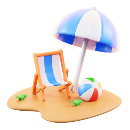 3D illustration of beach chair umbrella and ball on sand