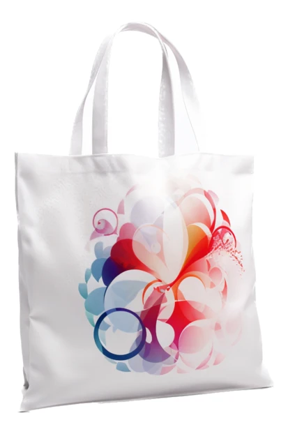 White canvas tote bag with colorful abstract graphic design
