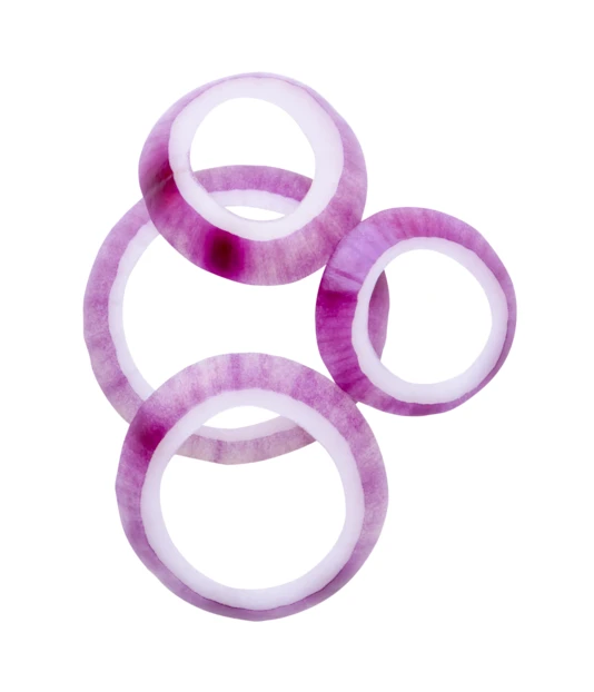 Fresh red onion rings isolated on white background