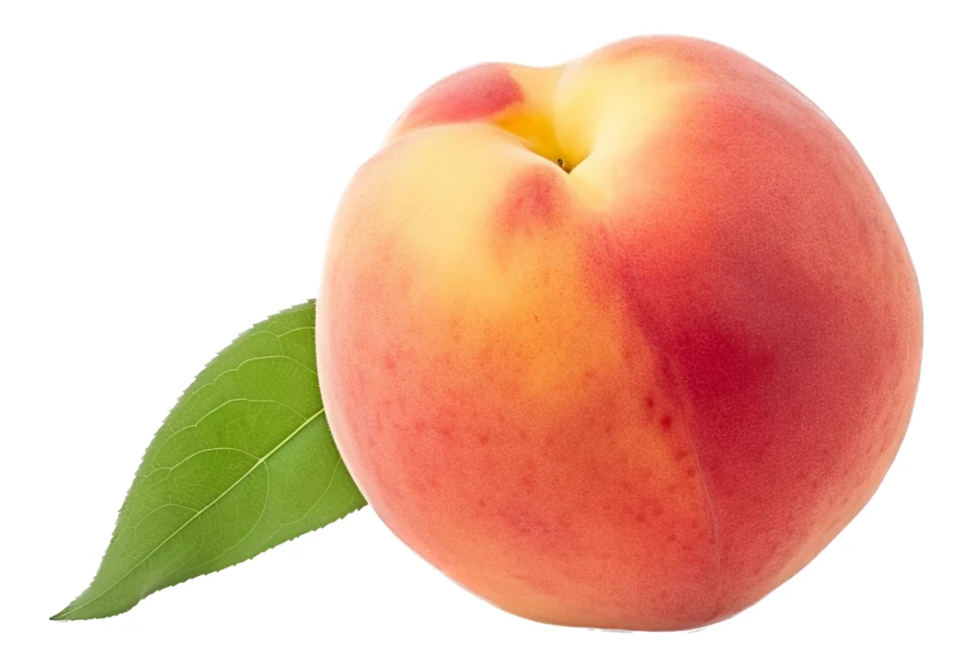 Whole ripe peach with leaf isolated on white background