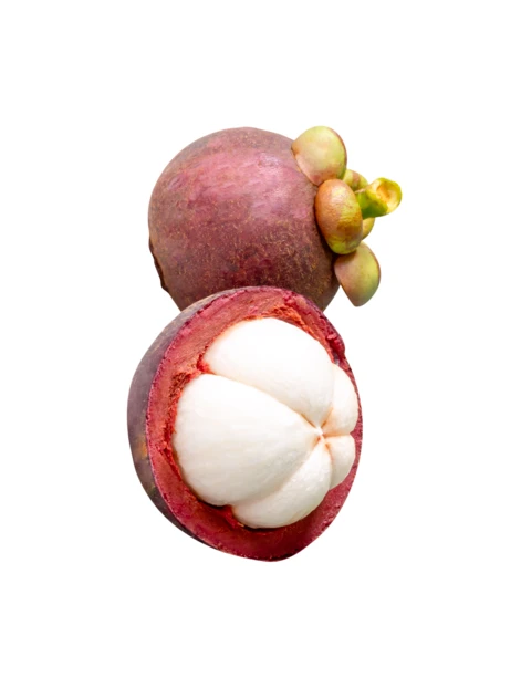 Whole and sliced mangosteen fruit on a white background
